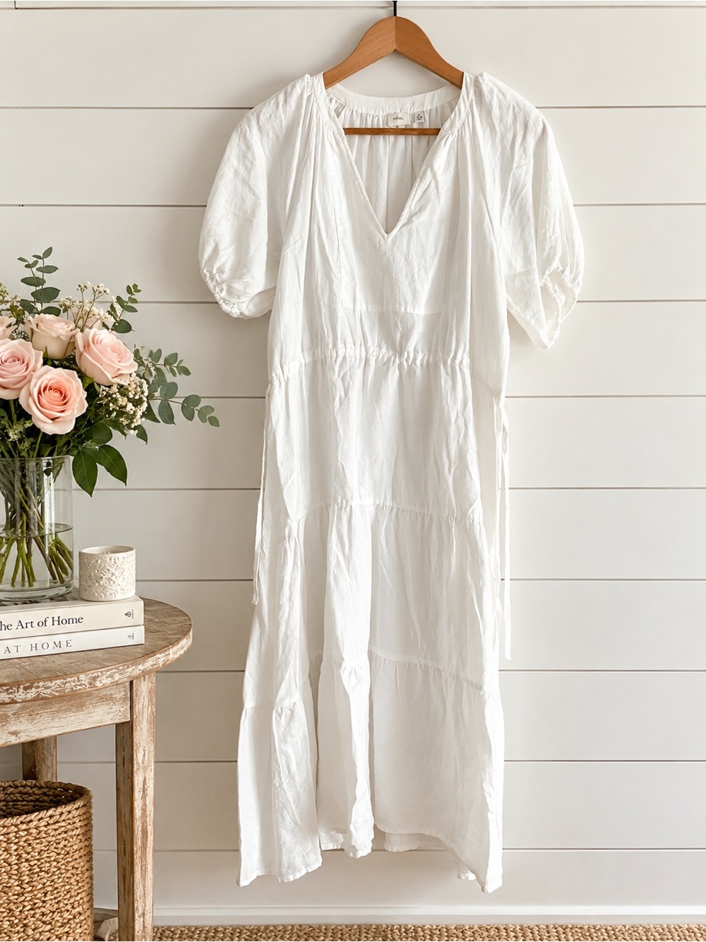 Aritzia Wilfred Decadence White Linen Tiered Midi Dress